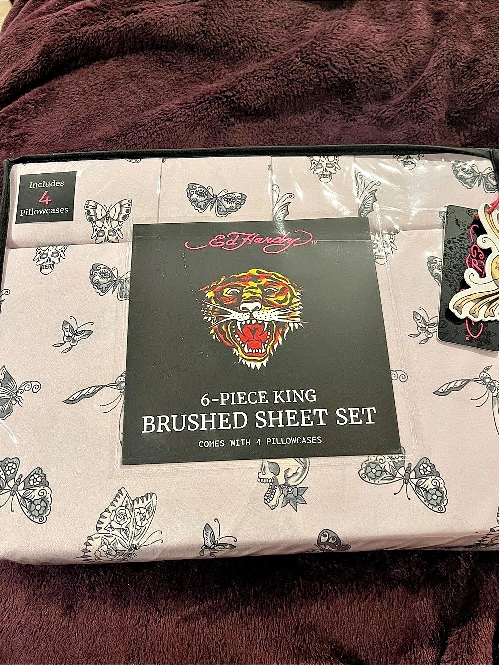 Ed Hardy 6-Piece King Brushed Sheet Set Pink & Black NWT